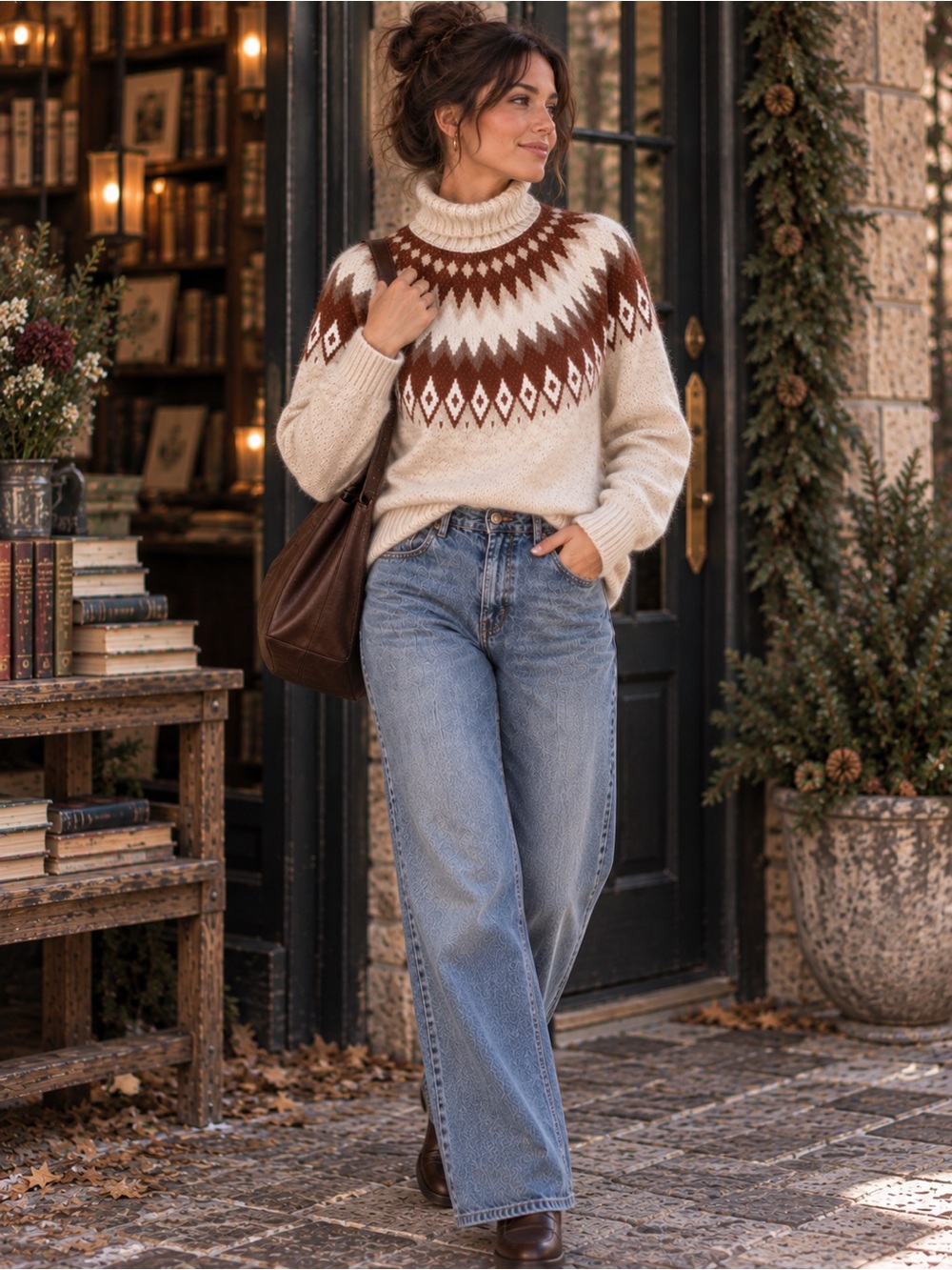 Aspen Fair Isle Turtleneck Sweater Nordic Wool Blend Oatmeal Brown Small - Picture 15 of 16